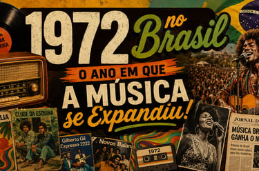 Colagem vintage da música brasileira de 1972 com capas clássicas de vinil da MPB, um rádio retrô e a
