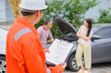 Uninsured Drivers situation with insurance agent holding claim form and two drivers discussing after a car accident in 2024,
