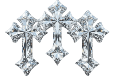 Three sparkling diamond gothic crosses arranged in a row against a black background.