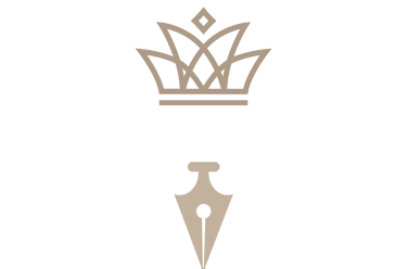Elegant gold and white fountain pen nib logo with a crown icon on a black background.