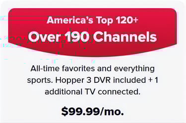 DISH America's Top 120+ package offering over 190 channels and Hopper 3 DVR for $99.99/mo.