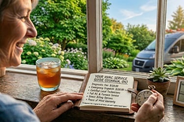 Smiling woman reviews HVAC service guide pricing while local technician van arrives for AC repair.