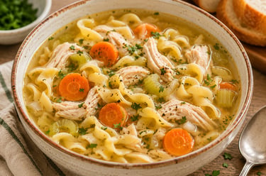 Homemade chicken noodle soup with vegetables in a bowl.