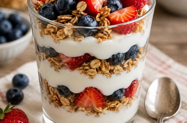 Greek Yogurt Berry Parfait  Description: Layers of creamy Greek yogurt, fresh berries, and homemade 