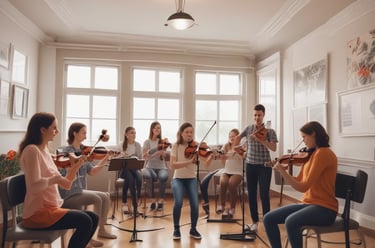 A vibrant violin class in session with students of various ages.