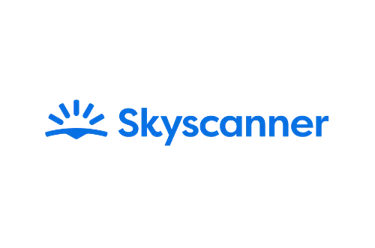 Skyscanner logo featuring blue text and a stylized sun icon on a black background.