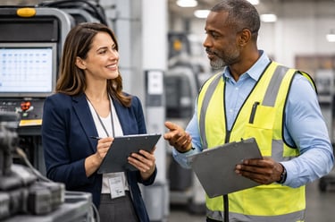 Auditora na área operacional realizando auditoria interna ISO para verificar conformidade e identifi