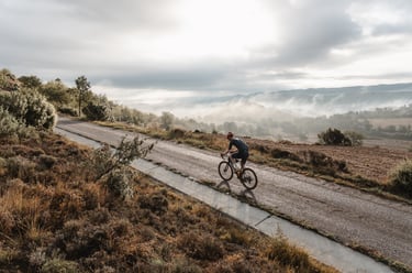 a man riding a bicycle down a road
