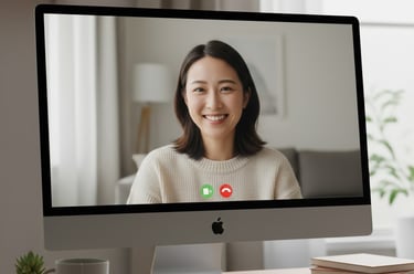 Woman smiling during a virtual coaching session displayed on a computer screen.