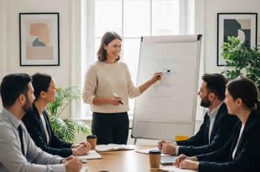 Professional woman presenting to a group during a meeting in a bright office.