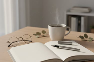 Open journal with a pen, reading glasses, and a cup of coffee on a wooden desk.