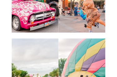 A collage of summer festival highlights featuring a pink flame vintage truck, dinosaur costume, and hot air balloon.