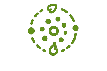 Green circular icon depicting environmental sustainability with leaf elements and atom-like dots on a black background.