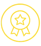 Yellow outline icon of a star quality award ribbon badge inside a circle on a black background.
