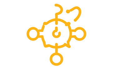 Yellow abstract icon showing a central circle with radiating nodes and hooks on a black background.