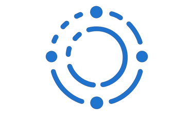 A blue abstract circular tech logo with dashed orbital lines and dots on a black background.