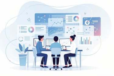 A team of data analysts visualizing business metrics and charts on digital dashboard displays.