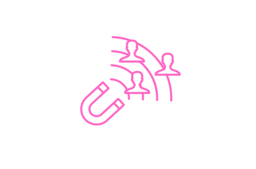 Ícono rosa de un imán atrayendo personas, simbolizando marketing y atracción de clientes.