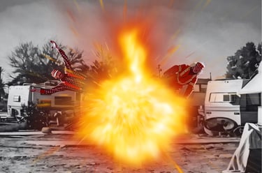 Action scene with Hank & Pumpkin flying backwards from a large orange explosion at a trailer park.