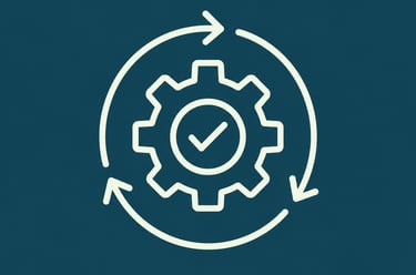 White line icon of a gear with a checkmark inside a circular arrow loop on a dark teal background.