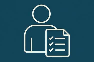 Minimalist line icon of a person with a completed checklist document on a dark blue background.