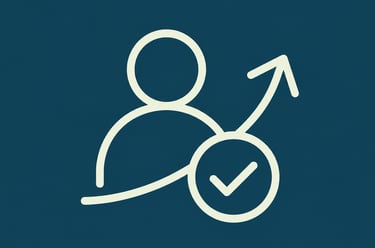 White outline icon of a person with an upward arrow and checkmark symbol on a dark blue background.