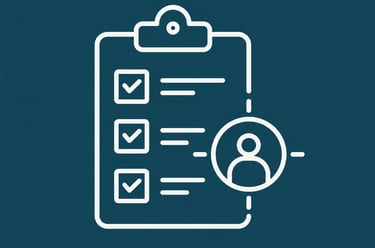 White line icon of a clipboard checklist with a user profile symbol on a dark blue background.