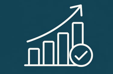 White line icon showing a business growth bar chart with an upward arrow and a checkmark symbol.