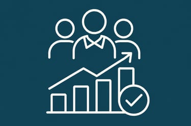 White line icon showing team growth with a rising bar chart and arrow on a blue background.