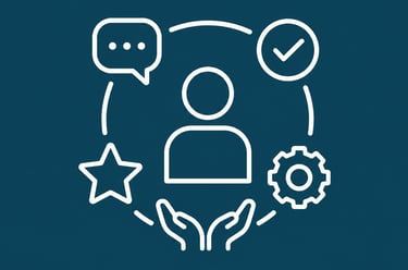 White line icon representing customer experience with person, speech bubble, and settings icons.