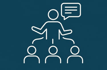 White line icon of a public speaker presenting to an audience with a speech bubble.