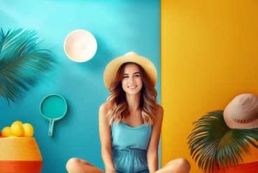 AC Advert - Smiling Colourful Summer Dressed Girl Sitting on a carpet cooled by an Air Conditioner in the back mobile version