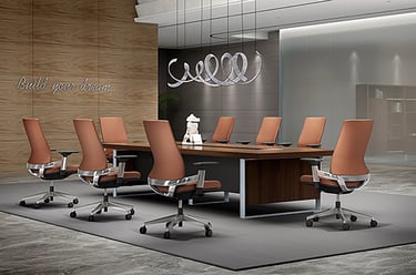 Conference room with tan leather swivel chairs and wooden table