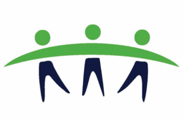 a group of people standing around a green logo