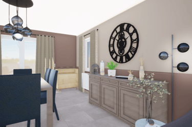 Projet de transformation d'un living avec une horloge et des murs beiges et bruns