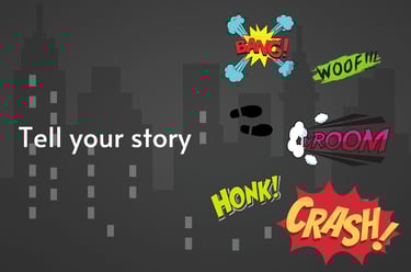 Cartoon sound effects and audio words spelt out colorfully to convey a story