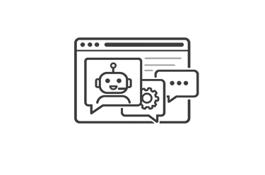 Line art icon of an AI chatbot interface on a web browser with chat bubbles and settings.