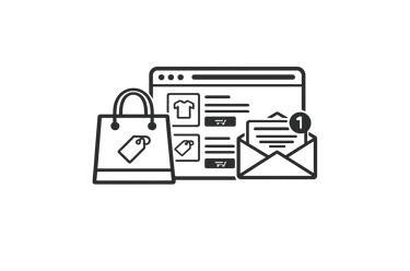E-commerce icon featuring a website, shopping bag, and email notification for online retail marketing.