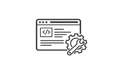 Icon representing website development and technical SEO maintenance with code, gears, and a wrench.