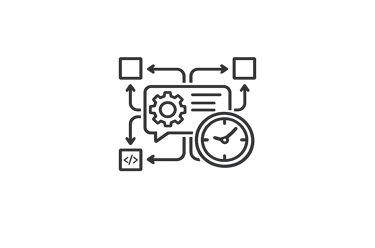 Digital workflow automation icon featuring coding symbols, gear settings, and time management elements.