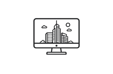 Minimalist computer monitor icon displaying a digital skyline city illustration with skyscrapers and clouds.