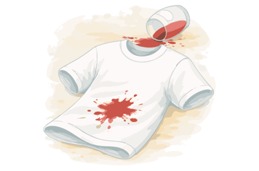 Camiseta blanca con mancha de vino tinto y copa volcada.