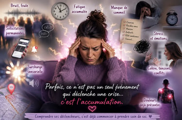 Personne atteinte de fibromyalgie assise avec les mains sur les tempes