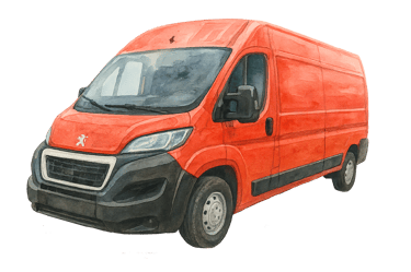 Ein roter Peugeot Lieferbus