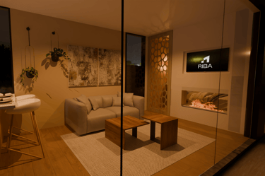 Interior de vivienda de construcción modular con salón moderno y diseño contemporáneo