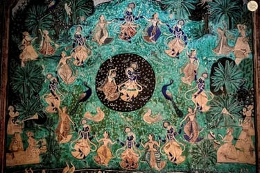 Ras Leela mural of Lord Krishna and Radha at Chitrashala, Bundi — a masterpiece of Bundi miniature art and devotion.