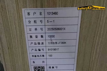 detail of label on the package of EVE LF280K LiFePO4 prismatic battery cells