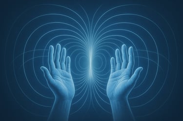 Lien entre sciences et pratiques énergétiques, mains entourées d'ondes électro-magnétiques