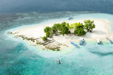 a small island with boats and trees in the water, Snorkeling & Keliling Pulau Gili Barat Daya