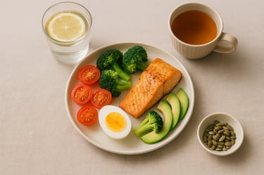 Colorful, healthy meal: vegetables, salmon, eggs, herbal tea and a glass of water with lemon.